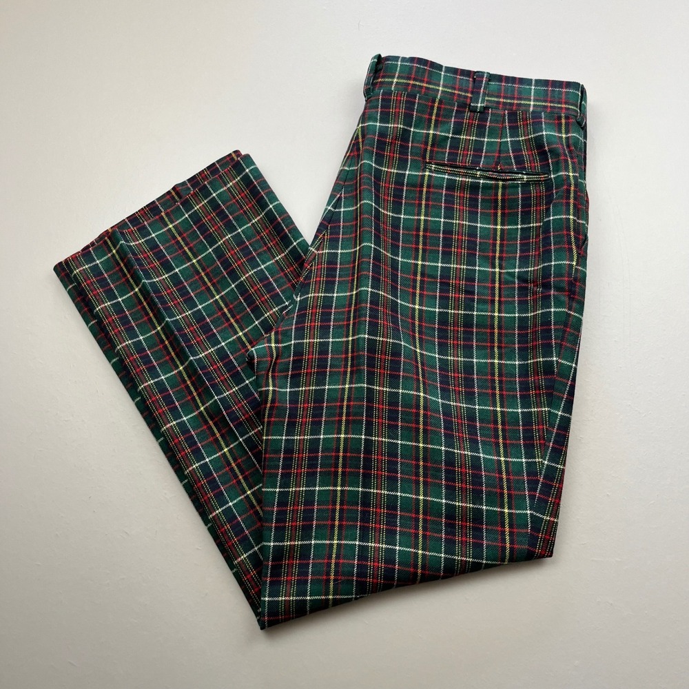 VTG Wool Trousers Mens 35x29 Green Red Plaid Tartan Union Made Talon Zip Golf